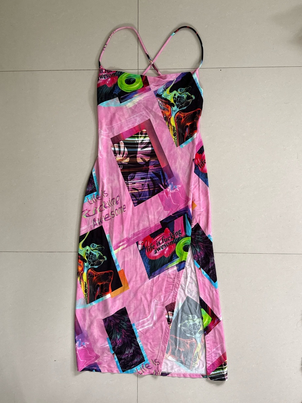 Desigual Midi Street Art Pink Multicolor Graphic Slip Dress Slit Cowl Neck